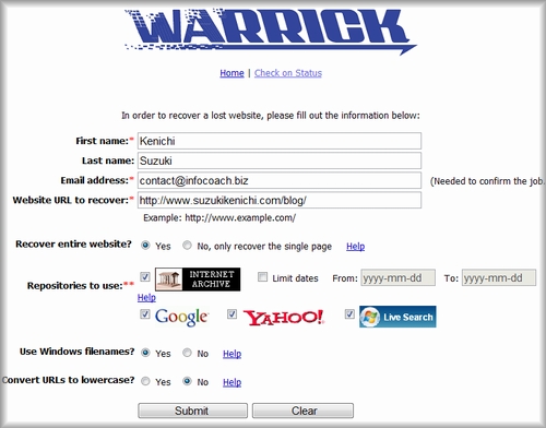 Warrickの申し込み画面