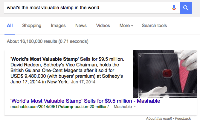 「what's the most valuable stamp in the world」の強調スニペット