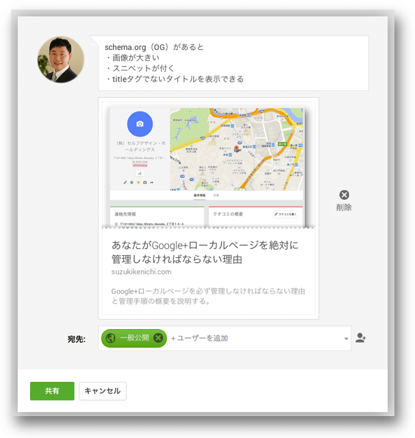 schema.org/OGがあるときのGoogle+の投稿