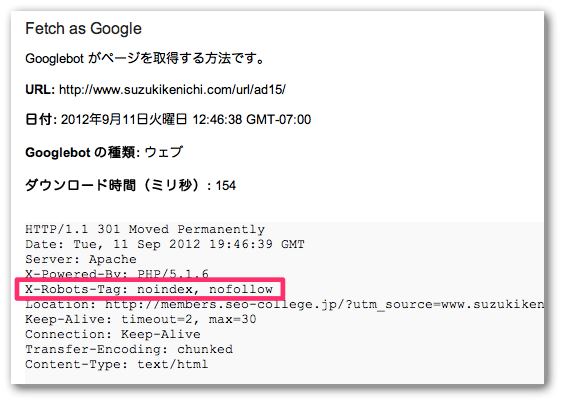 Fetch as Googleで検証したX-Robots-Tag