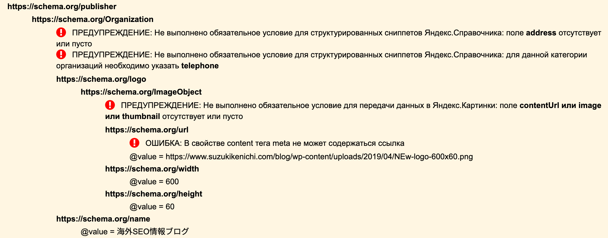 Yandex の Structured Data Validator