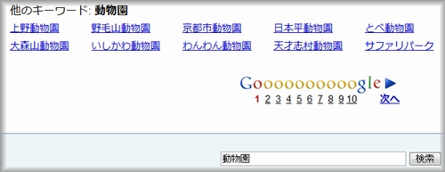 Googleで「動物園」を検索した関連キーワード